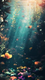 Sunlit coral reef glows beneath shimmering teal surface.