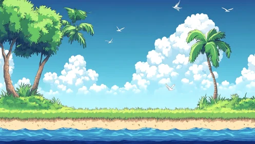 Tropical Paradise Scene With Palm Trees.