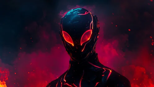 Neon dusk sentinel rises from ember-lit cosmic twilight.