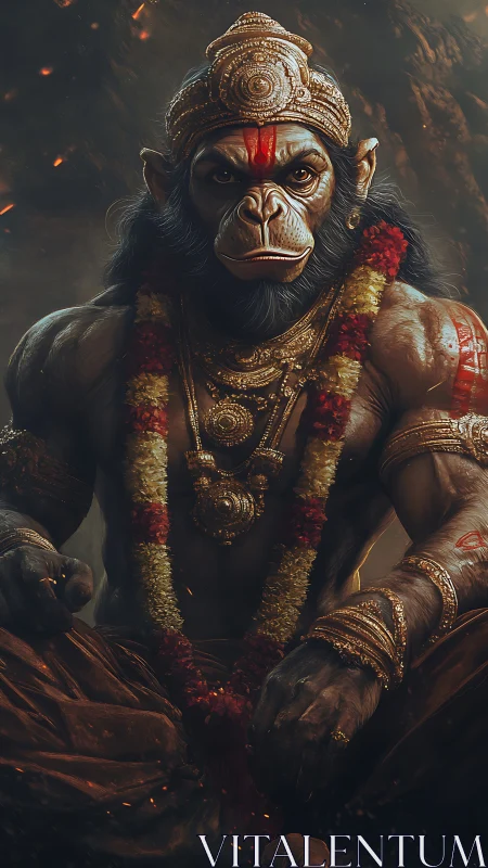 Majestic warrior deity seated in glowing garlands and gold.