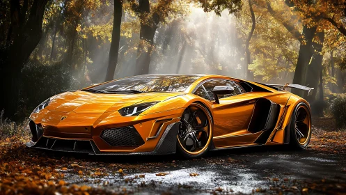 Orange supercar render is positioned on wet forest roadway