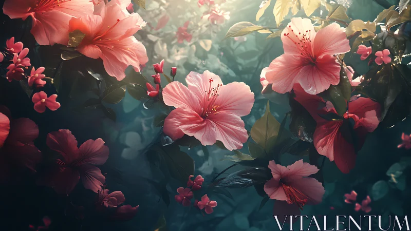 Pink hibiscus flowers rendered with atmospheric depth in digitally painted garden scene.