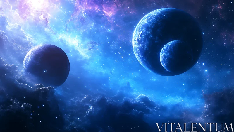 Dramatic blue alien planets in luminous cosmic clouds.