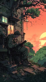 Sunset reading nook beside a quiet, overgrown cottage.