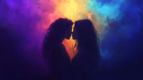 Two silhouetted figures kissing against radiant light source.