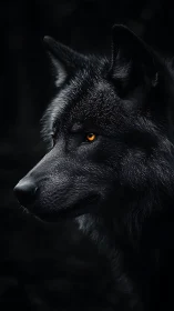 Black wolf portrait with intense amber eyes in shadow.