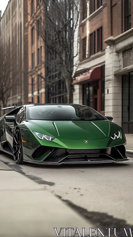 Emerald green supercar commands a quiet urban streetscape