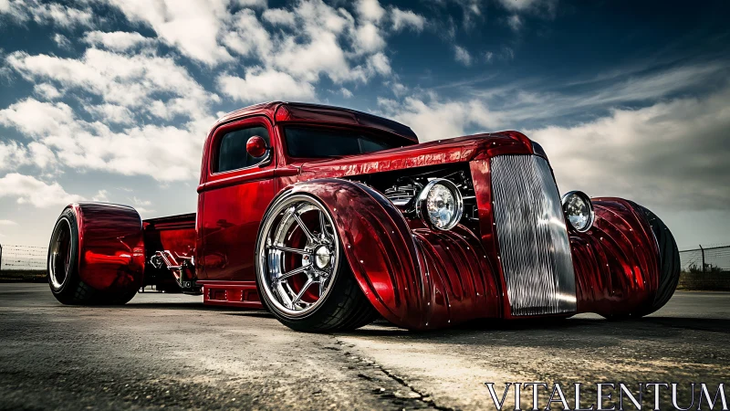 Custom red lowrider truck dominates dramatic runway scene