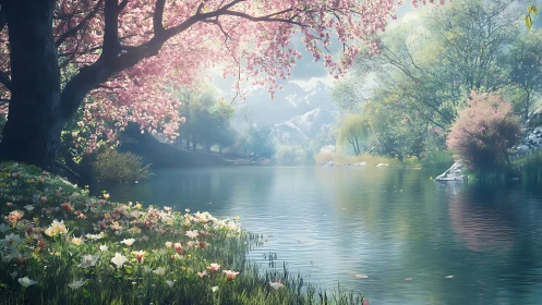 Spring mountain lake reflects cherry blossom shoreline