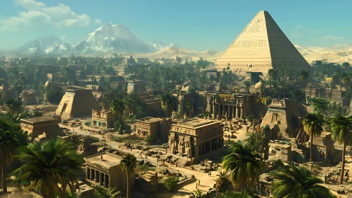 Expansive desert city with monumental stepped pyramid complex.