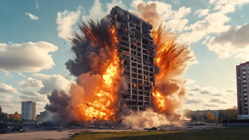 High rise tower engulfed in controlled demolition blast.