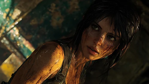 Mud covered female game character in close cinematic view.