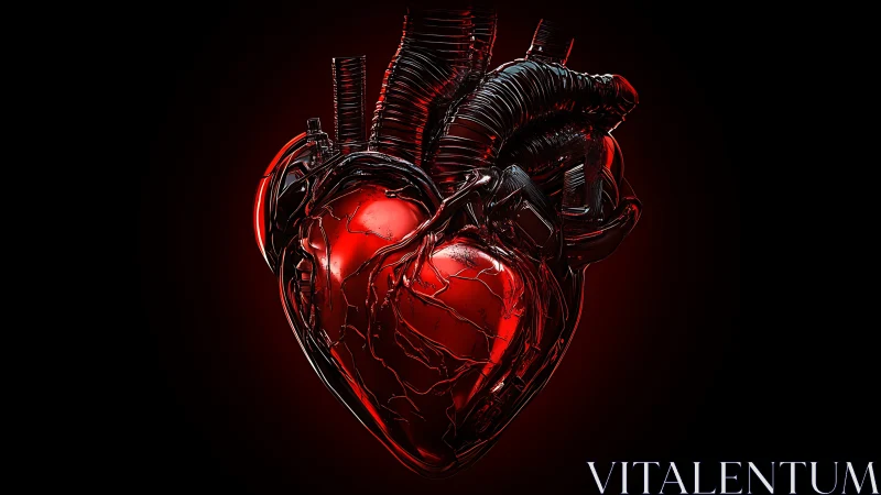 Biomechanical heart rendered as glossy red core with black exoskeleton