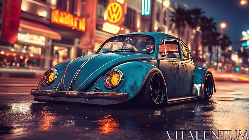 Weathered blue beetle glowing softly on a neon city street.