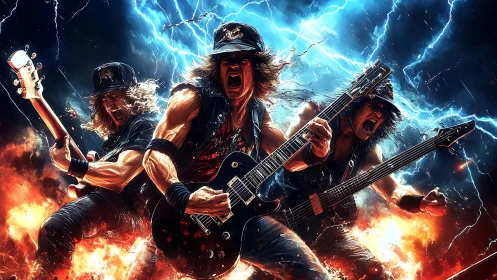 Electric guitarist trio amid stylized lightning and fire.