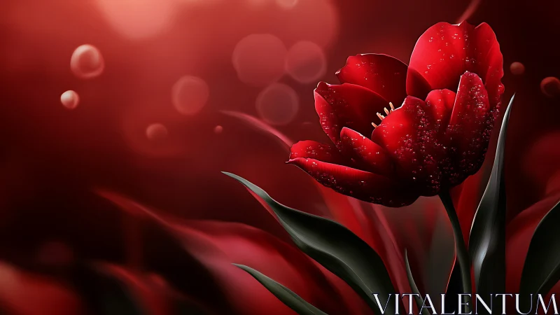 Crimson Tulips with Dewdrops: Luminous Close-Up Against Red Gradient