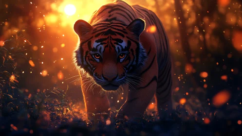 Sunlit tiger wanderer in a glowing ember-kissed forest.