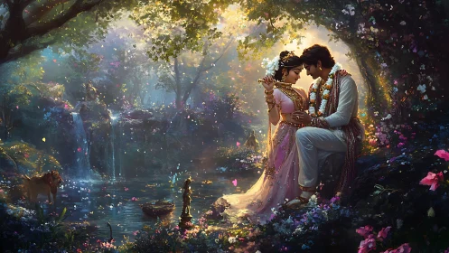 Krishna and Radha's Enchanted Forest Encounter.