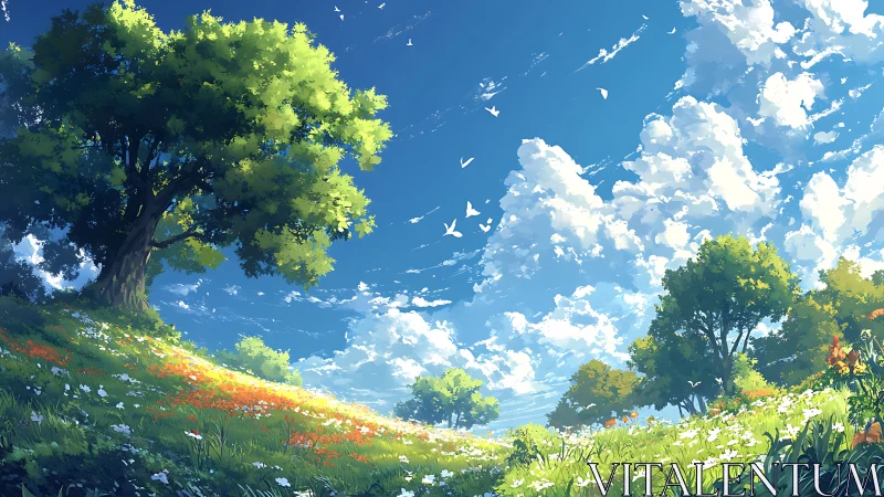 Digital painting landscape with luminous meadow perspective.