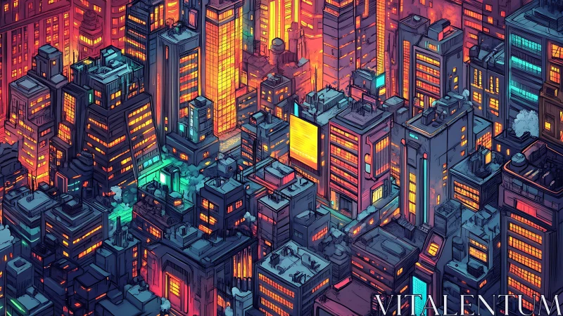 Cyberpunk isometric neon skyline with dense vertical grids.