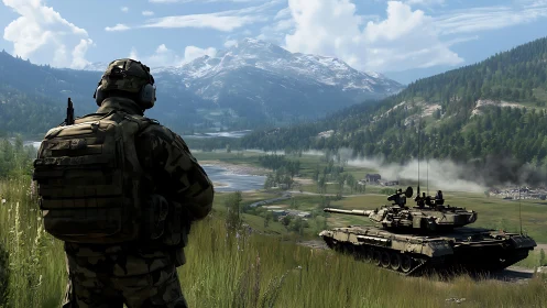 Armored infantry overwatch a modern battle tank in alpine valley