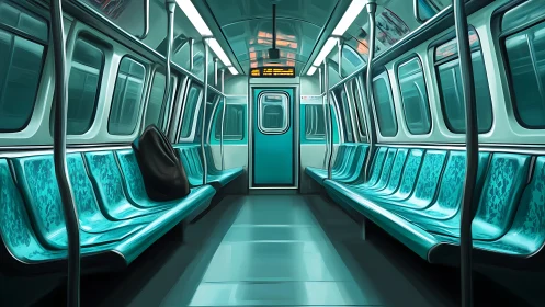 Empty teal subway car interior with single unattended bag.