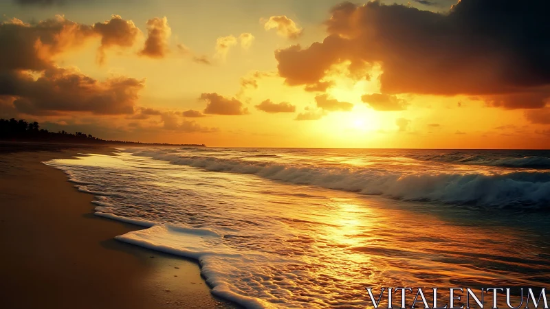 Littoral wave dynamics under thermally saturated sunset sky.