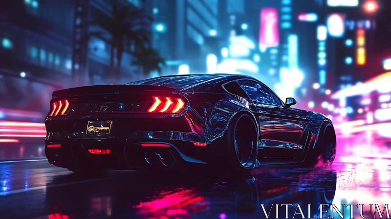 Cyberpunk muscle car in neon-soaked nocturnal streetscape.