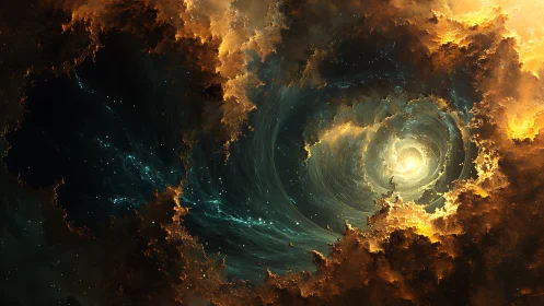 Stellar vortex illuminated by golden nebular turbulence.