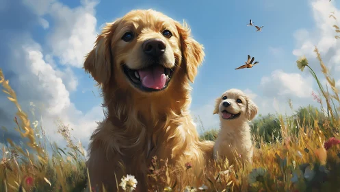 Golden retriever and puppy enjoy a bright meadow day.