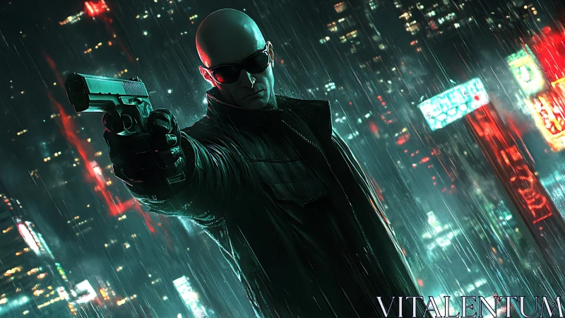 Bald gunman in neon city street under heavy rain at night.