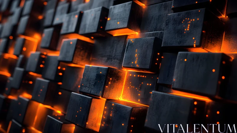 Futuristic Black Cubes with Glowing Orange Light, 3D Digital Art.