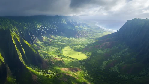 Sunlit valley cradled by soaring emerald coastal cliffs.