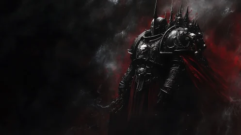Dread knight strides through bloodied smoke and iron silence.