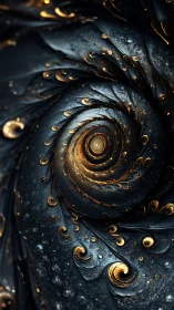 Spiral fractal vortex with metallic gold droplets on dark field
