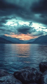 Clouded sunset over distant mountains and calm lake surface.