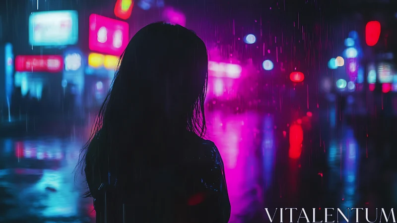 Silhouetted figure in neon rain on reflective city street.