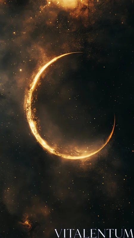 Crescent fire moon arcs through deep star-dusted nebula.