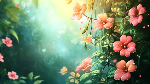 Hanging Flowers in Sunlight Garden Scene