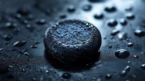 Wet black stone rests on dark reflective surface