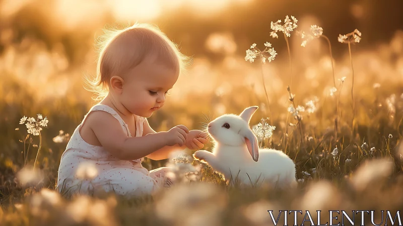 Photorealistic sunset portrait of baby and white rabbit in meadow.