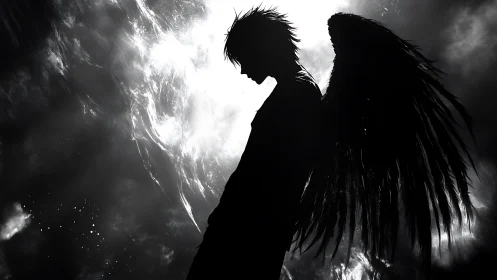 Brooding winged shadow pauses inside a storm of light.