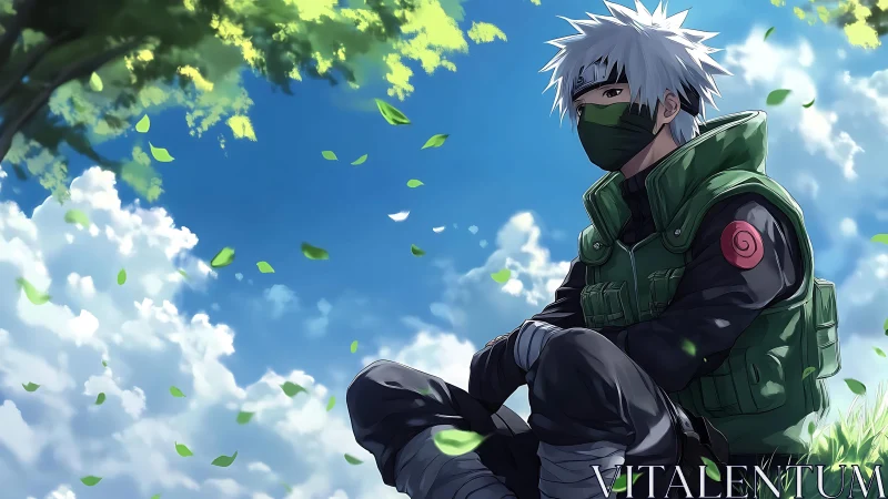 Masked anime soldier resting under bright spring sky.