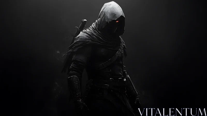 Hooded rogue silhouette with glowing eye under dramatic rim light