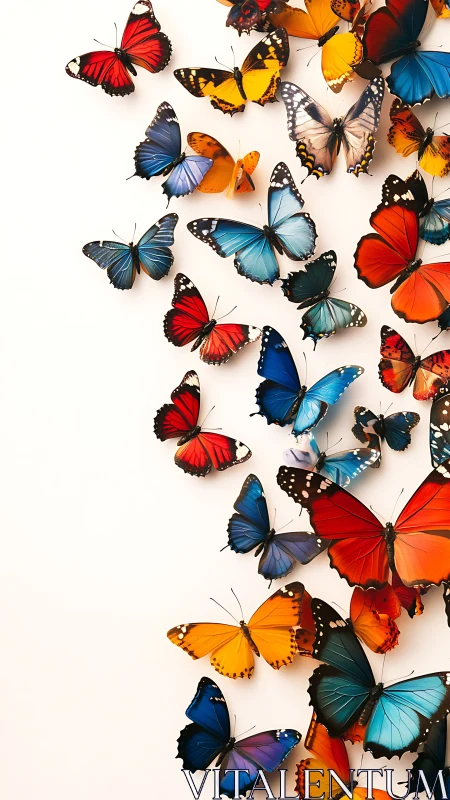 Multiple colored butterflies are arranged on a light background