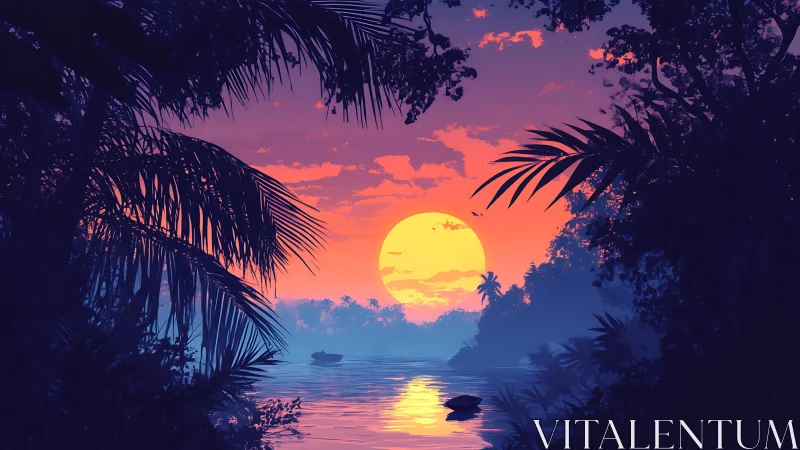 Sunset illuminates dense tropical river corridor with foliage