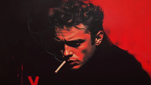 Brooding smoker carved in crimson shadow and quiet smoke.