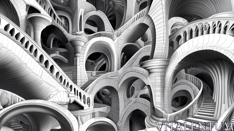Surreal Monochrome Maze of Intertwined Arches and Staircases.