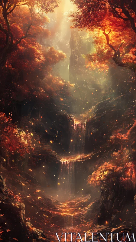 Luminescent Waterfall: Infernal Forest Canyon with Radiant Light.