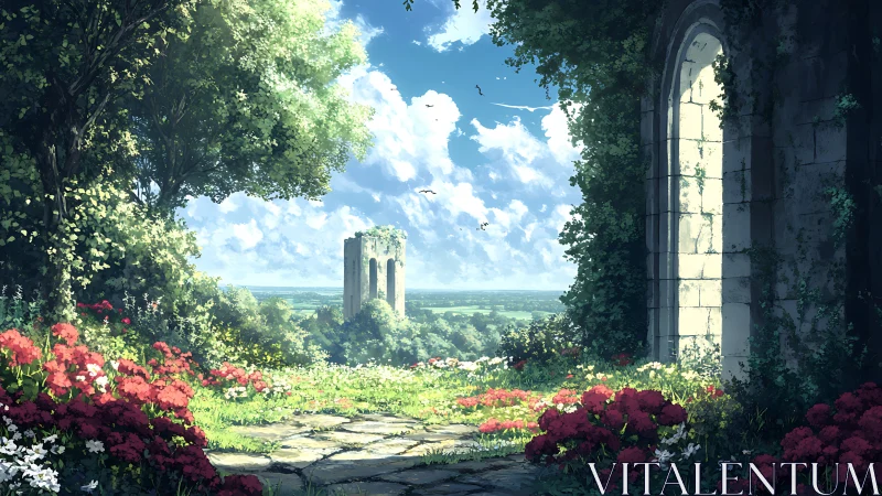 Overgrown garden view toward distant stone tower.